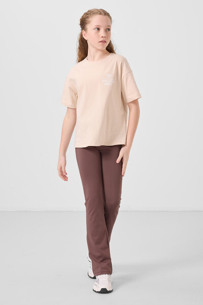 Tommylife Toptan Pamuklu O Yaka Oversize Fit Basic Kız Çocuk T Shirt 75178 Bej - Thumbnail