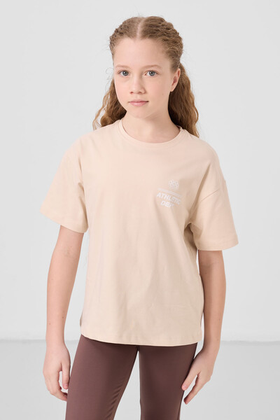 Tommylife Toptan Pamuklu O Yaka Oversize Fit Basic Kız Çocuk T Shirt 75178 Bej - Thumbnail