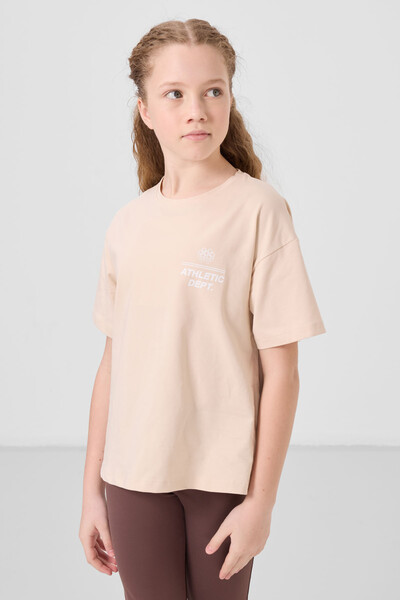 Tommylife Toptan Pamuklu O Yaka Oversize Fit Basic Kız Çocuk T Shirt 75178 Bej - Thumbnail