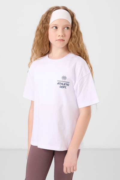 Tommylife Toptan Pamuklu O Yaka Oversize Fit Basic Kız Çocuk T Shirt 75178 Beyaz - Thumbnail