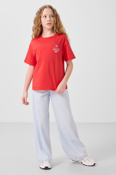 Tommylife Toptan Pamuklu O Yaka Oversize Fit Basic Kız Çocuk T Shirt 75178 Fiesta - Thumbnail