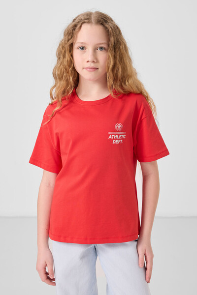 Tommylife Toptan Pamuklu O Yaka Oversize Fit Basic Kız Çocuk T Shirt 75178 Fiesta - Thumbnail