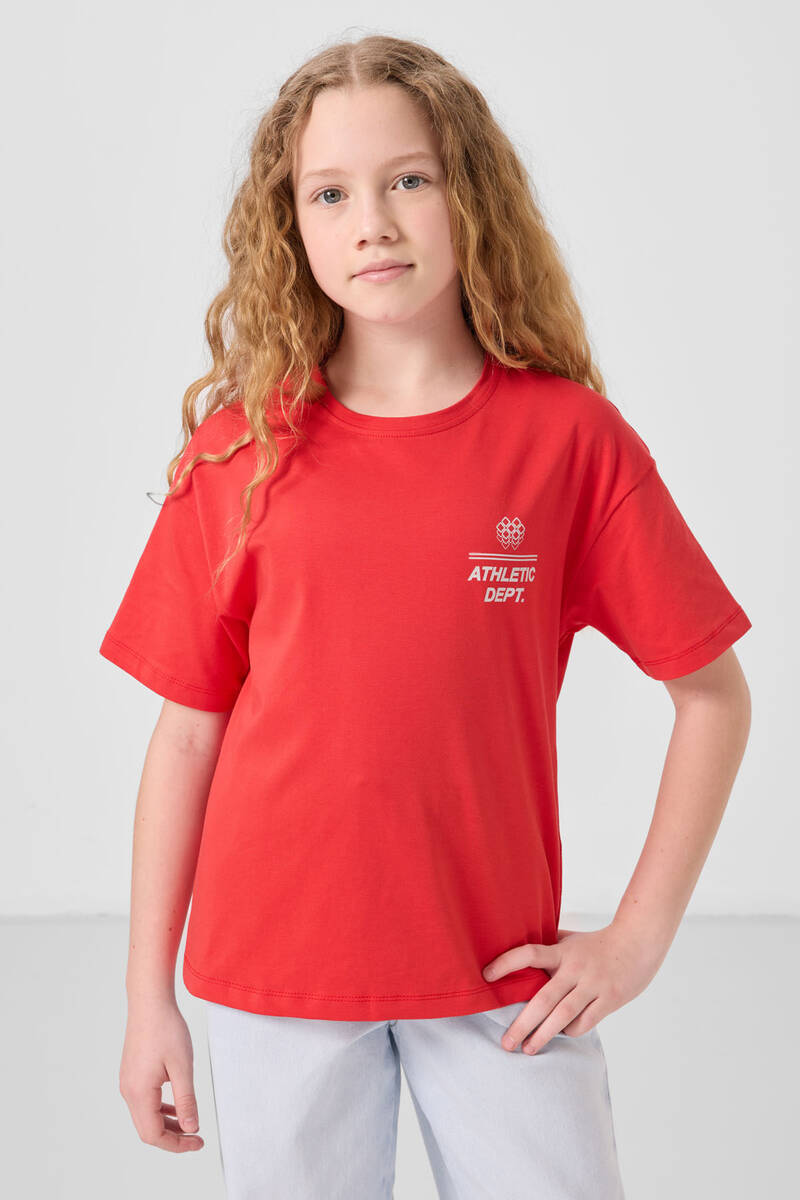 TOMMYLIFE - Tommylife Toptan Pamuklu O Yaka Oversize Fit Basic Kız Çocuk T Shirt 75178 Fiesta