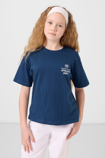 Tommylife Toptan Pamuklu O Yaka Oversize Fit Basic Kız Çocuk T Shirt 75178 Parlament - Thumbnail