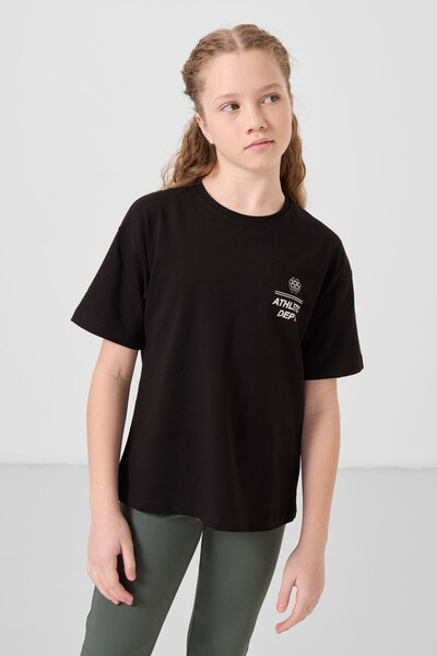 Tommylife Toptan Pamuklu O Yaka Oversize Fit Basic Kız Çocuk T Shirt 75178 Siyah - Thumbnail