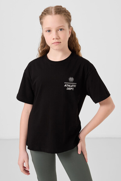 Tommylife Toptan Pamuklu O Yaka Oversize Fit Basic Kız Çocuk T Shirt 75178 Siyah - Thumbnail