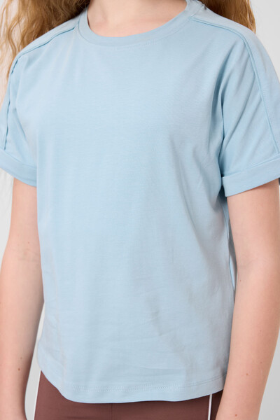 Tommylife Toptan Pamuklu O Yaka Oversize Fit Basic Kız Çocuk T Shirt 75182 Açık Mavi - Thumbnail