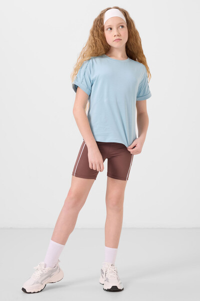 Tommylife Toptan Pamuklu O Yaka Oversize Fit Basic Kız Çocuk T Shirt 75182 Açık Mavi - Thumbnail