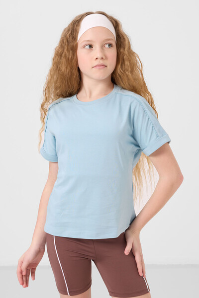 Tommylife Toptan Pamuklu O Yaka Oversize Fit Basic Kız Çocuk T Shirt 75182 Açık Mavi - Thumbnail