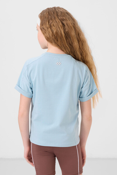 Tommylife Toptan Pamuklu O Yaka Oversize Fit Basic Kız Çocuk T Shirt 75182 Açık Mavi - Thumbnail