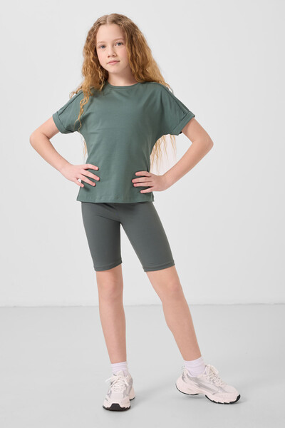 Tommylife Toptan Pamuklu O Yaka Oversize Fit Basic Kız Çocuk T Shirt 75182 Açık Yeşil - Thumbnail