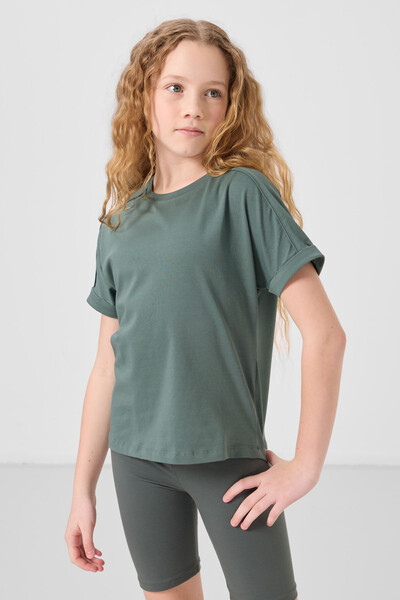 Tommylife Toptan Pamuklu O Yaka Oversize Fit Basic Kız Çocuk T Shirt 75182 Açık Yeşil - Thumbnail