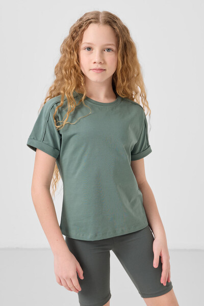 Tommylife Toptan Pamuklu O Yaka Oversize Fit Basic Kız Çocuk T Shirt 75182 Açık Yeşil - Thumbnail