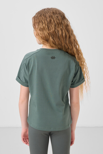 Tommylife Toptan Pamuklu O Yaka Oversize Fit Basic Kız Çocuk T Shirt 75182 Açık Yeşil - Thumbnail