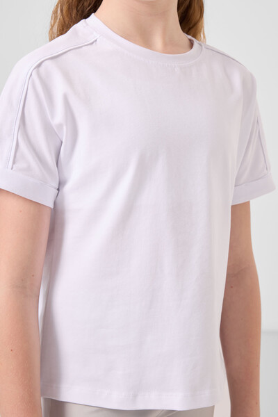Tommylife Toptan Pamuklu O Yaka Oversize Fit Basic Kız Çocuk T Shirt 75182 Beyaz - Thumbnail