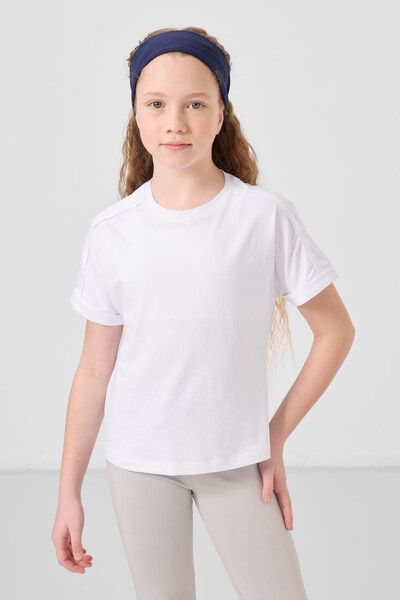 Tommylife Toptan Pamuklu O Yaka Oversize Fit Basic Kız Çocuk T Shirt 75182 Beyaz - Thumbnail