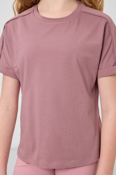 Tommylife Toptan Pamuklu O Yaka Oversize Fit Basic Kız Çocuk T Shirt 75182 Gül Kurusu - Thumbnail