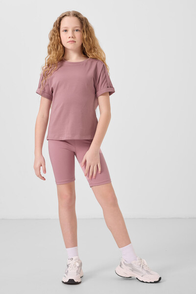 Tommylife Toptan Pamuklu O Yaka Oversize Fit Basic Kız Çocuk T Shirt 75182 Gül Kurusu - Thumbnail