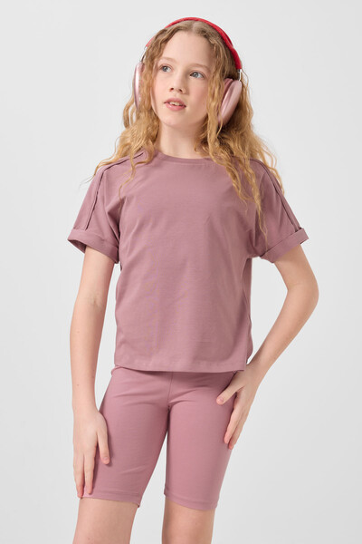 Tommylife Toptan Pamuklu O Yaka Oversize Fit Basic Kız Çocuk T Shirt 75182 Gül Kurusu - Thumbnail