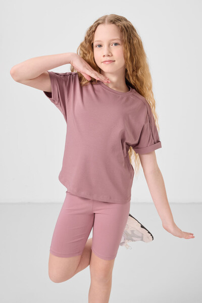 Tommylife Toptan Pamuklu O Yaka Oversize Fit Basic Kız Çocuk T Shirt 75182 Gül Kurusu - Thumbnail