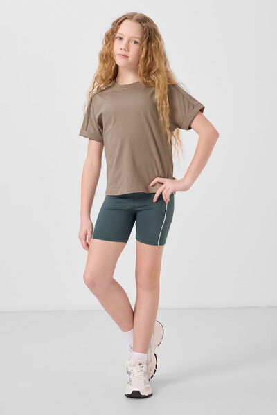 Tommylife Toptan Pamuklu O Yaka Oversize Fit Basic Kız Çocuk T Shirt 75182 Koyu Bej - Thumbnail