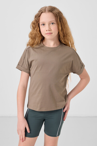 Tommylife Toptan Pamuklu O Yaka Oversize Fit Basic Kız Çocuk T Shirt 75182 Koyu Bej - Thumbnail