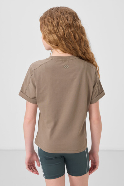 Tommylife Toptan Pamuklu O Yaka Oversize Fit Basic Kız Çocuk T Shirt 75182 Koyu Bej - Thumbnail
