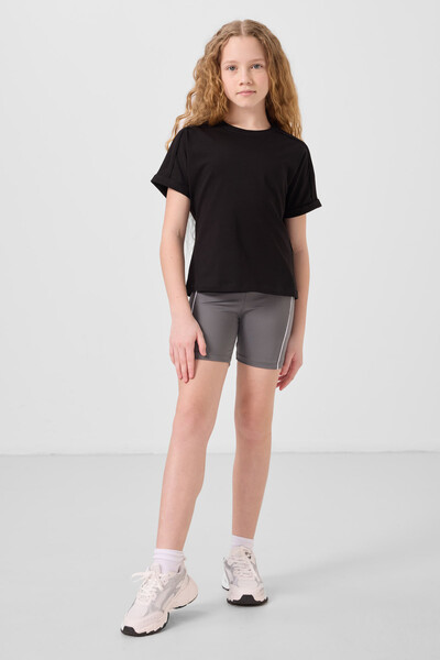 Tommylife Toptan Pamuklu O Yaka Oversize Fit Basic Kız Çocuk T Shirt 75182 Siyah - Thumbnail