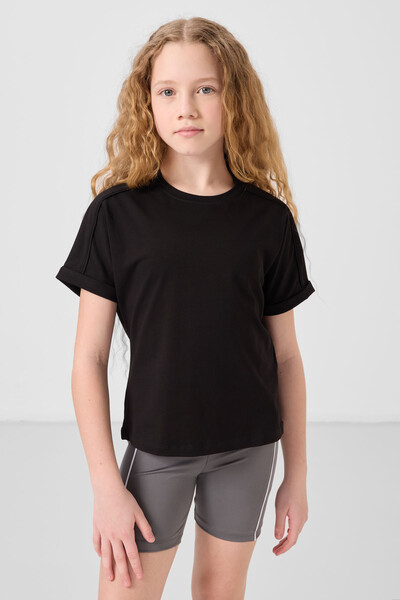 Tommylife Toptan Pamuklu O Yaka Oversize Fit Basic Kız Çocuk T Shirt 75182 Siyah - Thumbnail