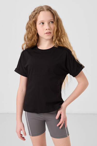 Tommylife Toptan Pamuklu O Yaka Oversize Fit Basic Kız Çocuk T Shirt 75182 Siyah - Thumbnail