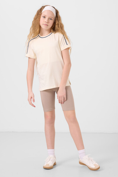 Tommylife Toptan Pamuklu O Yaka Oversize Fit Baskılı Kız Çocuk T Shirt 75177 Ekru - Thumbnail