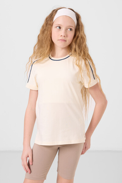 Tommylife Toptan Pamuklu O Yaka Oversize Fit Baskılı Kız Çocuk T Shirt 75177 Ekru - Thumbnail