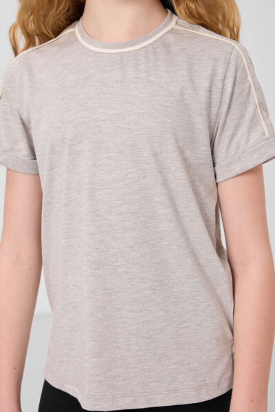 Tommylife Toptan Pamuklu O Yaka Oversize Fit Baskılı Kız Çocuk T Shirt 75177 Gri Melanj - Thumbnail