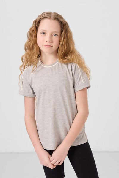Tommylife Toptan Pamuklu O Yaka Oversize Fit Baskılı Kız Çocuk T Shirt 75177 Gri Melanj - Thumbnail