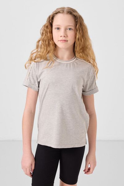 Tommylife Toptan Pamuklu O Yaka Oversize Fit Baskılı Kız Çocuk T Shirt 75177 Gri Melanj - Thumbnail