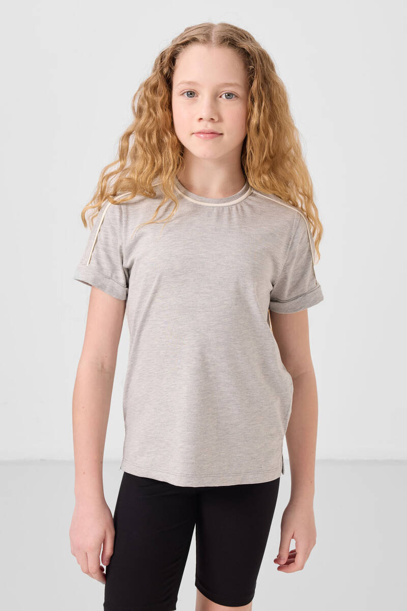 TOMMYLIFE - Tommylife Toptan Pamuklu O Yaka Oversize Fit Baskılı Kız Çocuk T Shirt 75177 Gri Melanj