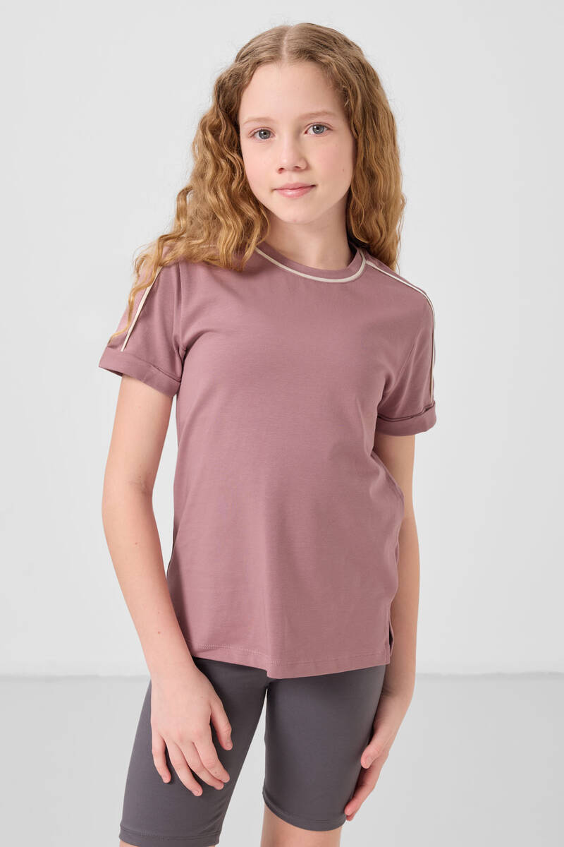 TOMMYLIFE - Tommylife Toptan Pamuklu O Yaka Oversize Fit Baskılı Kız Çocuk T Shirt 75177 Gül Kurusu