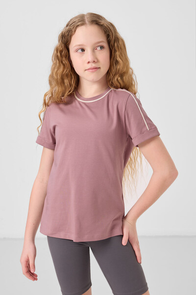 Tommylife Toptan Pamuklu O Yaka Oversize Fit Baskılı Kız Çocuk T Shirt 75177 Gül Kurusu - Thumbnail