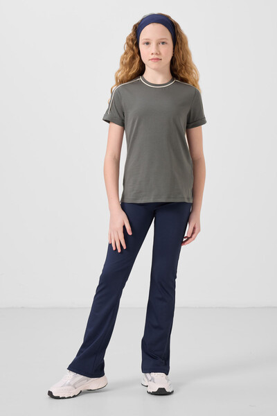 Tommylife Toptan Pamuklu O Yaka Oversize Fit Baskılı Kız Çocuk T Shirt 75177 Haki - Thumbnail