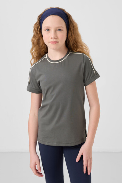 Tommylife Toptan Pamuklu O Yaka Oversize Fit Baskılı Kız Çocuk T Shirt 75177 Haki - Thumbnail