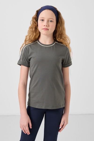 Tommylife Toptan Pamuklu O Yaka Oversize Fit Baskılı Kız Çocuk T Shirt 75177 Haki - Thumbnail