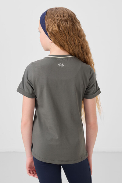 Tommylife Toptan Pamuklu O Yaka Oversize Fit Baskılı Kız Çocuk T Shirt 75177 Haki - Thumbnail