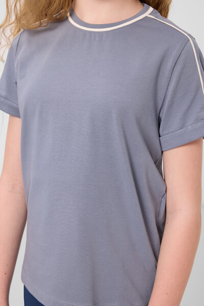 Tommylife Toptan Pamuklu O Yaka Oversize Fit Baskılı Kız Çocuk T Shirt 75177 Koyu Mavi - Thumbnail