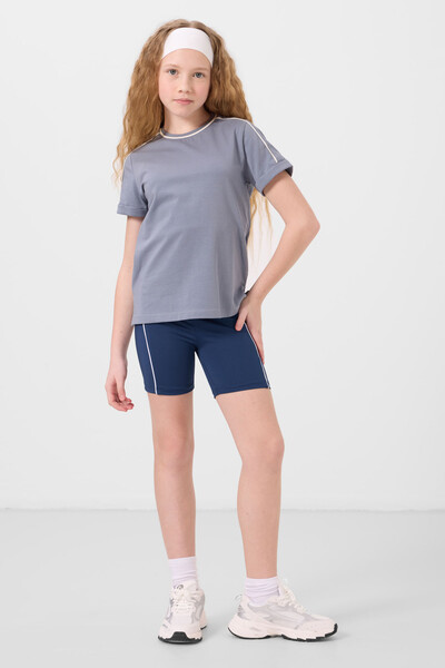 Tommylife Toptan Pamuklu O Yaka Oversize Fit Baskılı Kız Çocuk T Shirt 75177 Koyu Mavi - Thumbnail