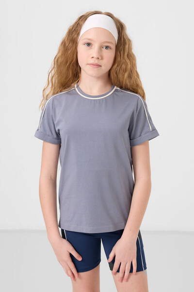 Tommylife Toptan Pamuklu O Yaka Oversize Fit Baskılı Kız Çocuk T Shirt 75177 Koyu Mavi - Thumbnail