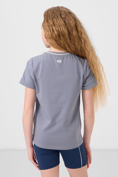 Tommylife Toptan Pamuklu O Yaka Oversize Fit Baskılı Kız Çocuk T Shirt 75177 Koyu Mavi - Thumbnail