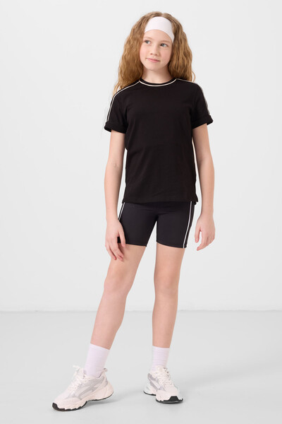 Tommylife Toptan Pamuklu O Yaka Oversize Fit Baskılı Kız Çocuk T Shirt 75177 Siyah - Thumbnail