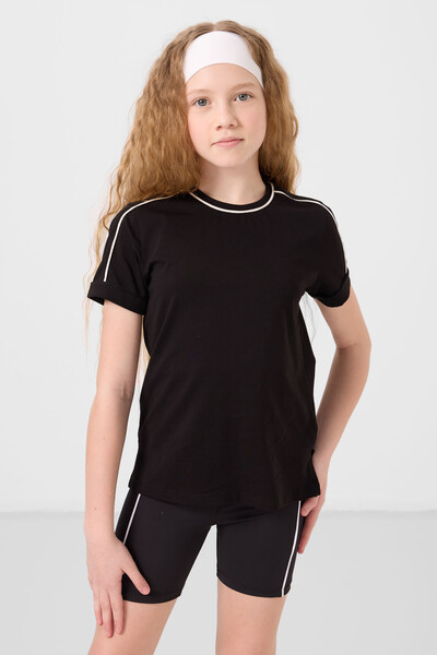 Tommylife Toptan Pamuklu O Yaka Oversize Fit Baskılı Kız Çocuk T Shirt 75177 Siyah - Thumbnail
