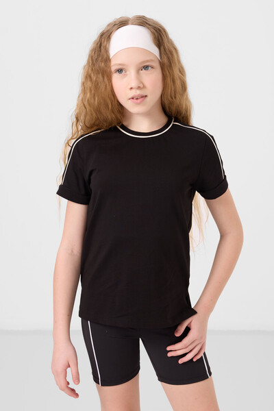 Tommylife Toptan Pamuklu O Yaka Oversize Fit Baskılı Kız Çocuk T Shirt 75177 Siyah - Thumbnail