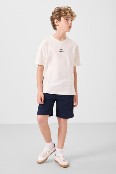 Tommylife Toptan Pamuklu Oversize Fit Dokuma Hafif Esnek Chino Erkek Çocuk Şort Takım 11276 Ekru-Lacivert - Thumbnail
